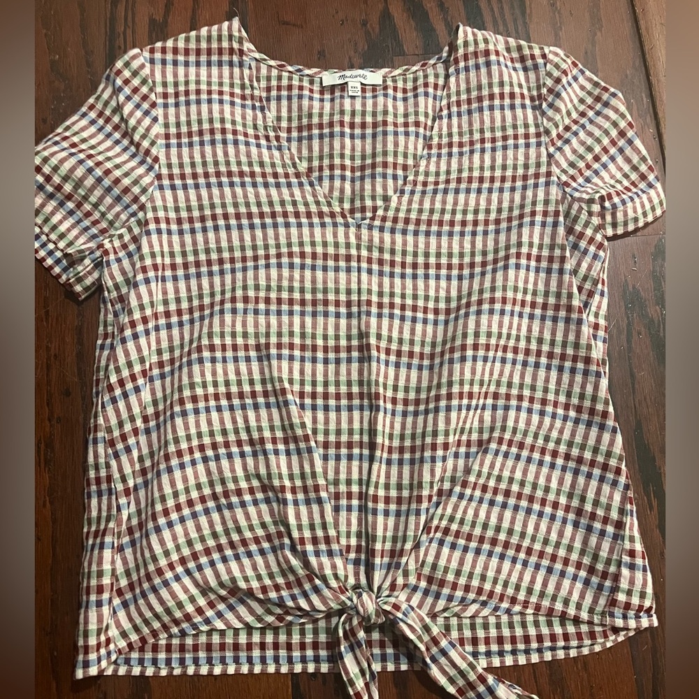 ⭐️ Madewell Plaid tie front vneck top XXS - Picture 1 of 2